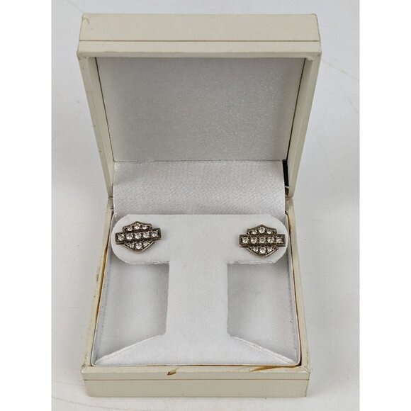 Sterling Silver 925 Harley Davidson Stud Post Earrings Cubic Zirconia - Picture 1 of 16
